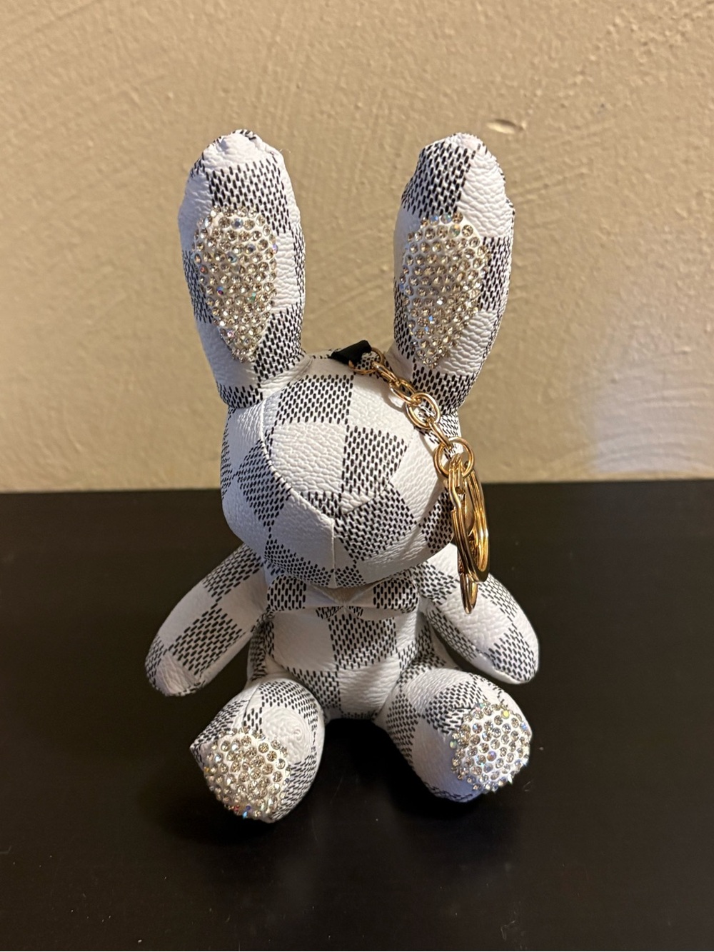 White Check Rabbit Bunny Figure Doll Keychain with Crystal Rhinestone Accents